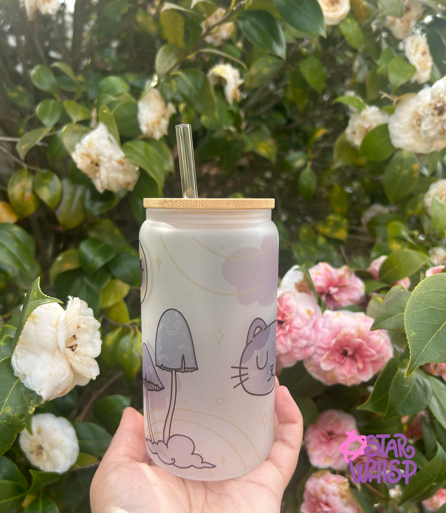 Spooky Cute Frosted Glass Cup with Straw, Spooky Cat Cup B-Grade