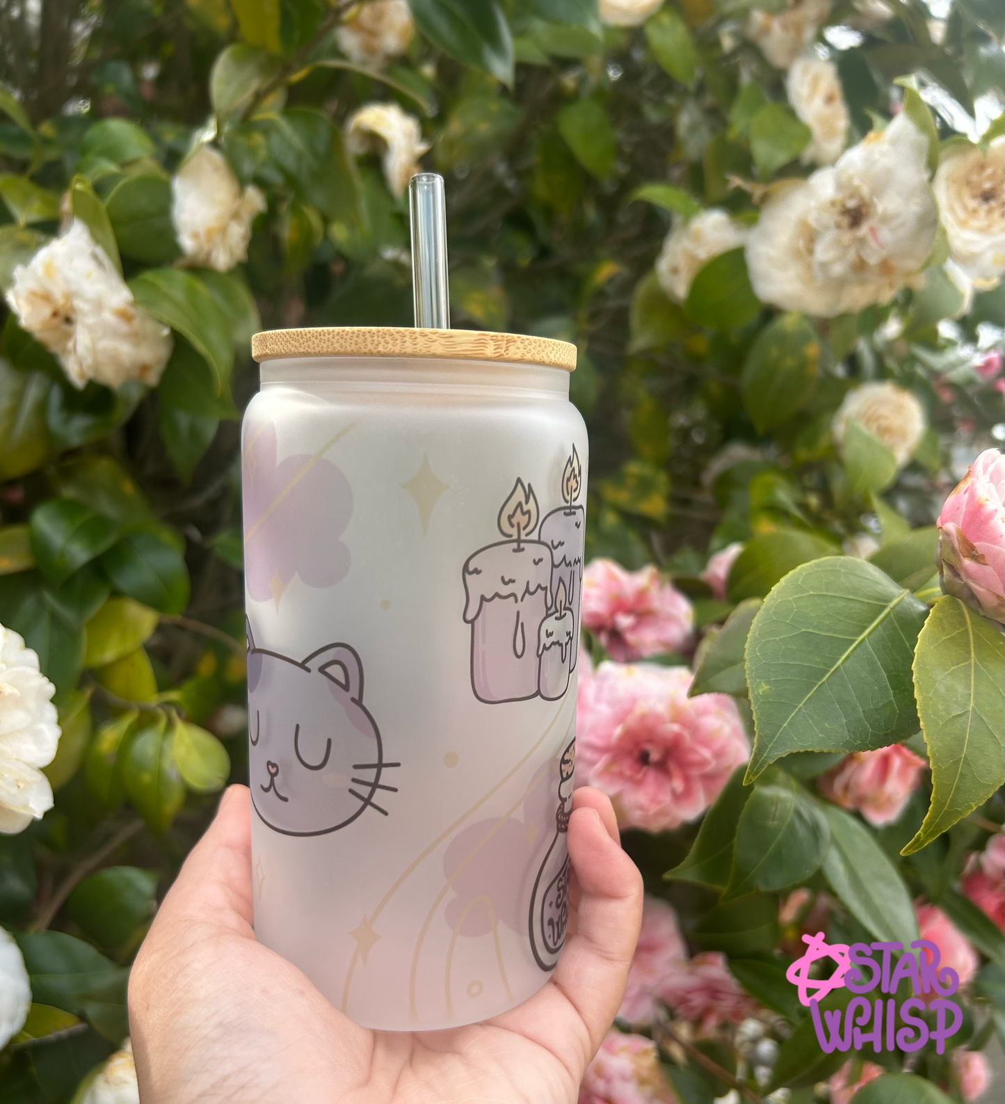 Spooky Cute Frosted Glass Cup with Straw, Spooky Cat Cup B-Grade