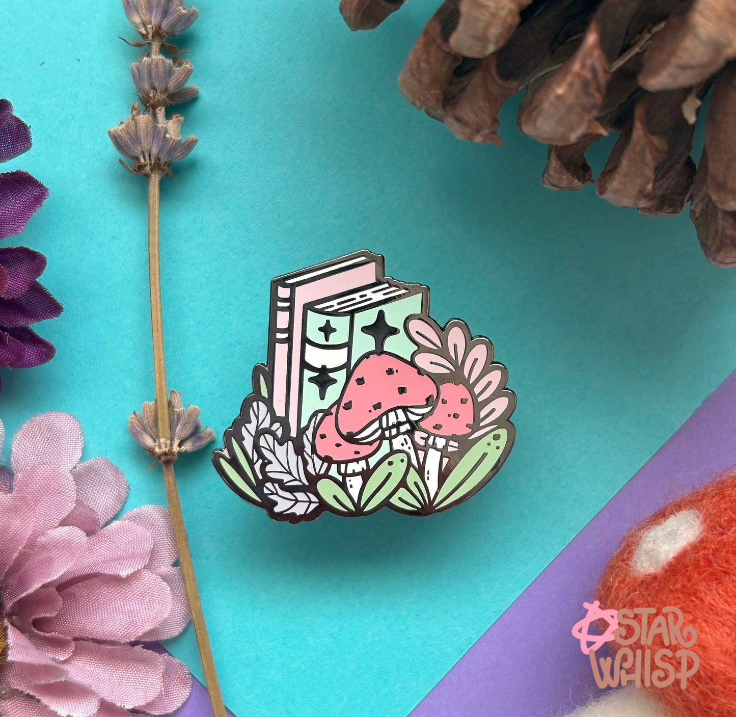 Books and Mushrooms Enamel Pin, Mushroom Lapel Pin, Books Enamel Pin