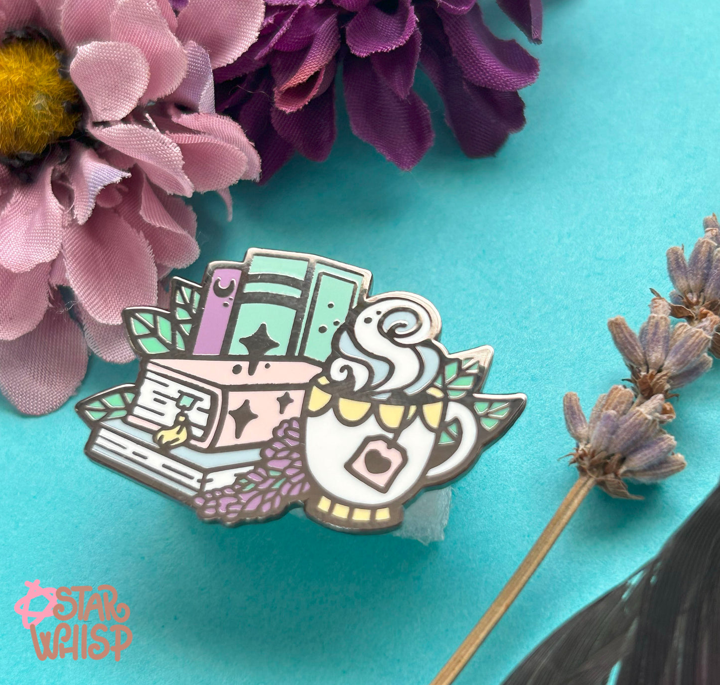 Books with Tea Enamel Pin, Teacup Enamel Pin, Book Enamel Pin