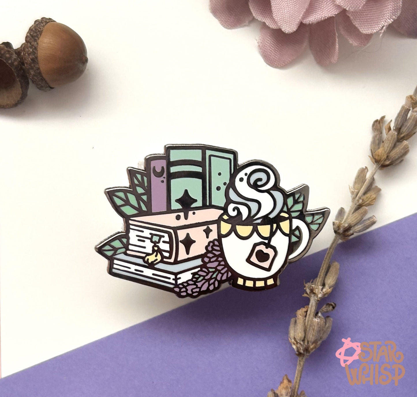 Books with Tea Enamel Pin, Teacup Enamel Pin, Book Enamel Pin