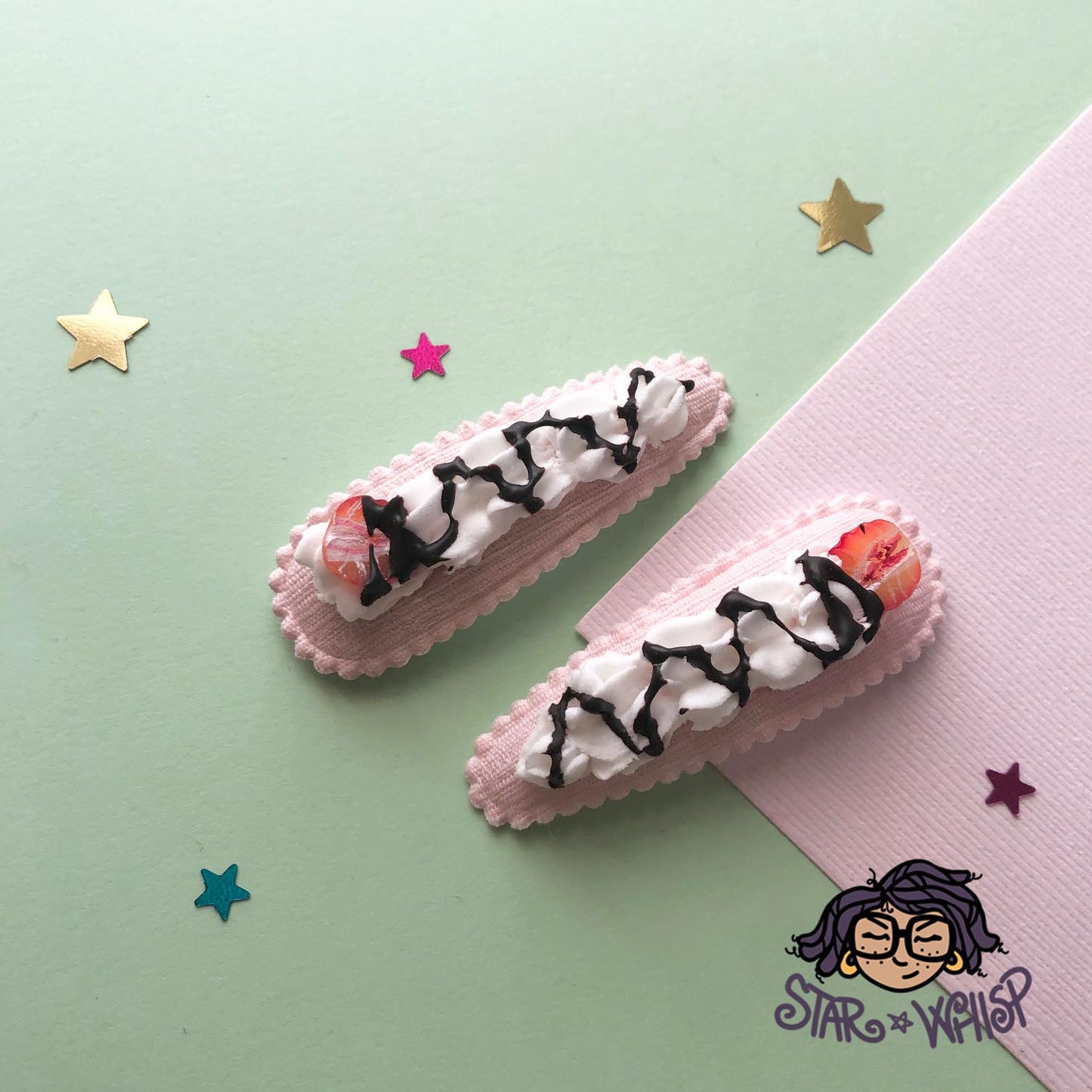 Strawberries and Whip Fabric Hair Clip, Hair Bow (Pair)