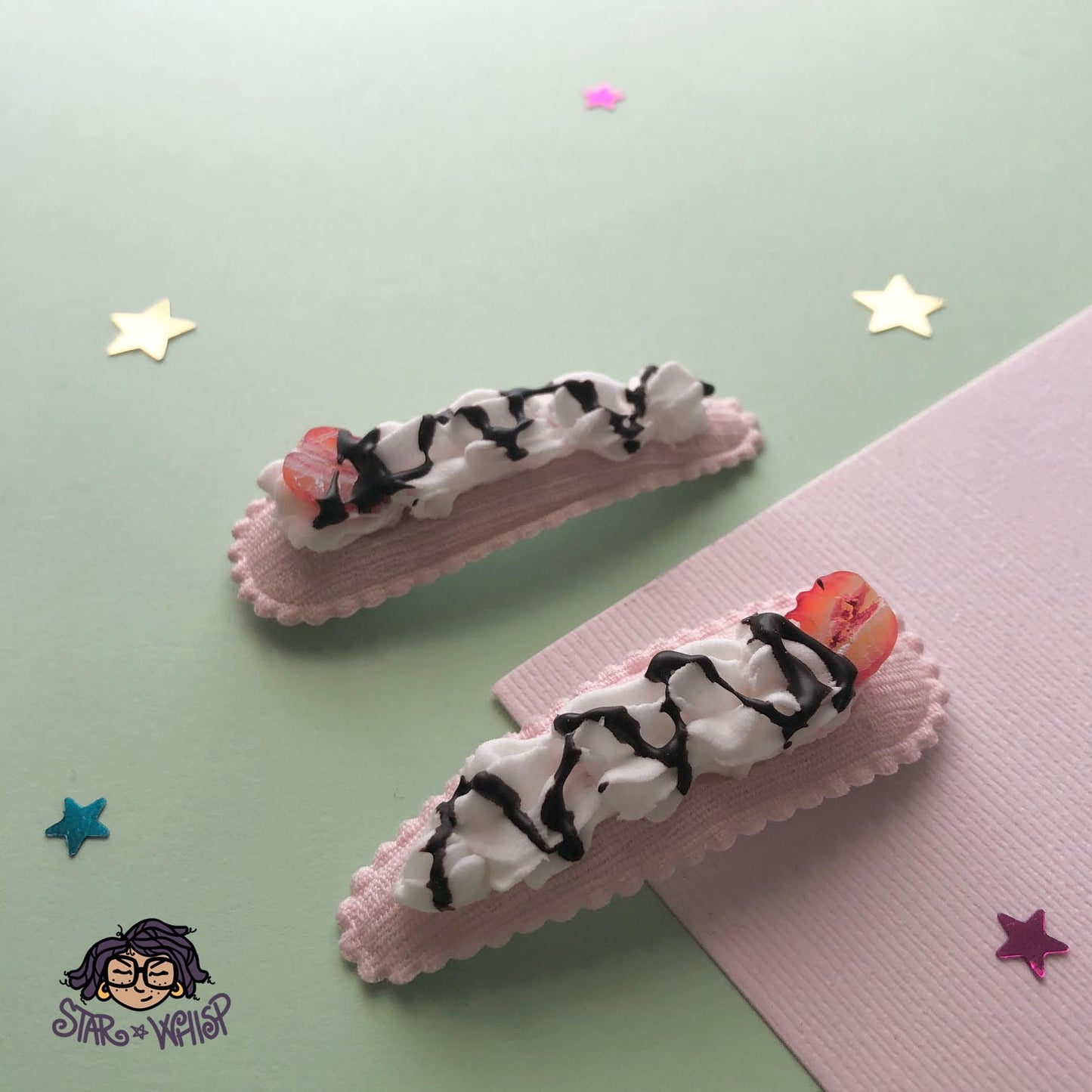 Strawberries and Whip Fabric Hair Clip, Hair Bow (Pair)