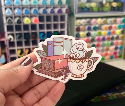 Cozy Tea Cottage-core Books Vinyl Sticker