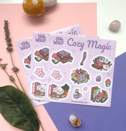 Cozy Magic Books Vinyl Sticker Sheet, Cottage Core Planner Stickers, Cozy Books Stickers