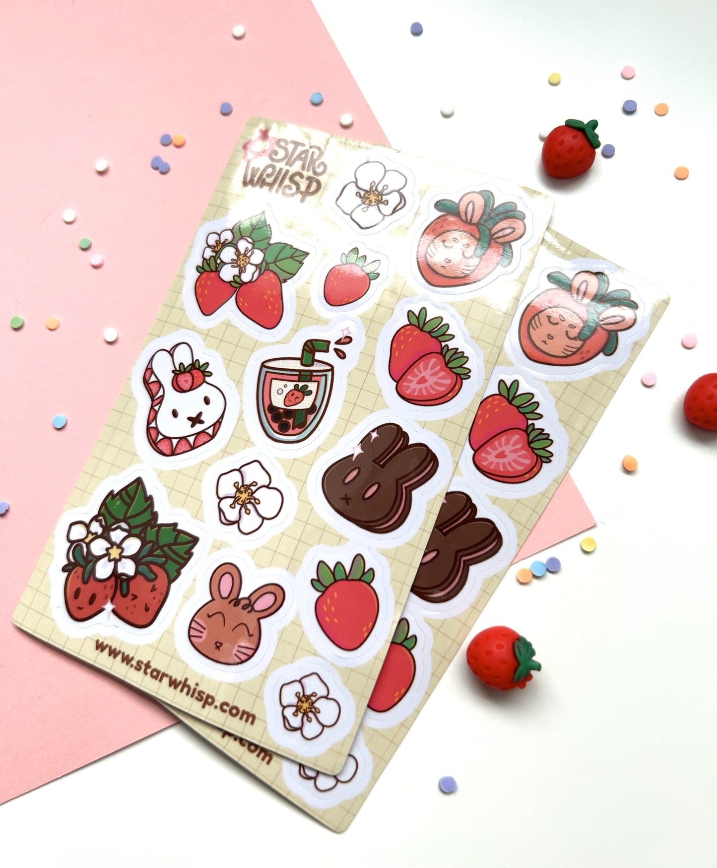Berry Bunny Vinyl Sticker Sheet, Strawberry Laptop Sticker, Bunny Journal Sticker, Cup Sticker