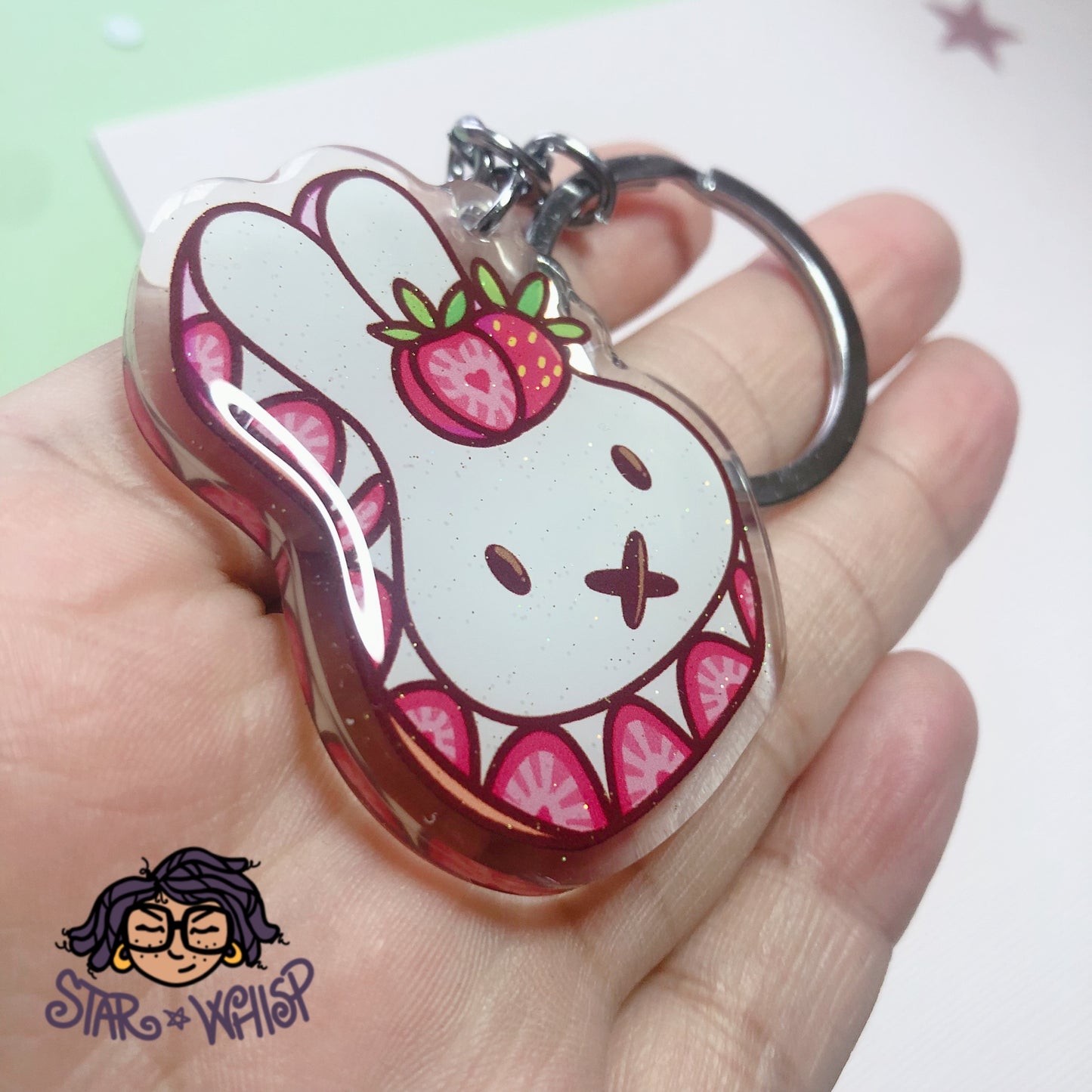 Strawberry Bunny Glitter Keychain