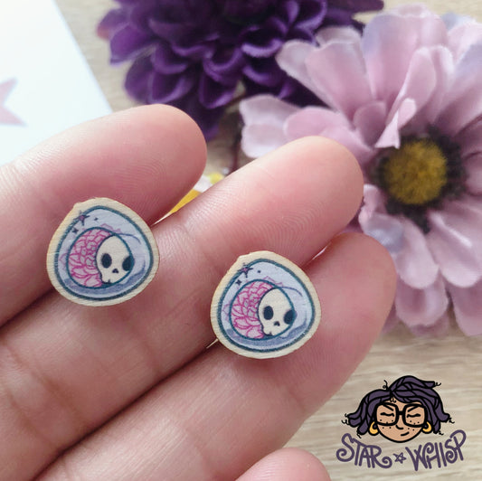 Skull and Succulent Wooden Post Earrings