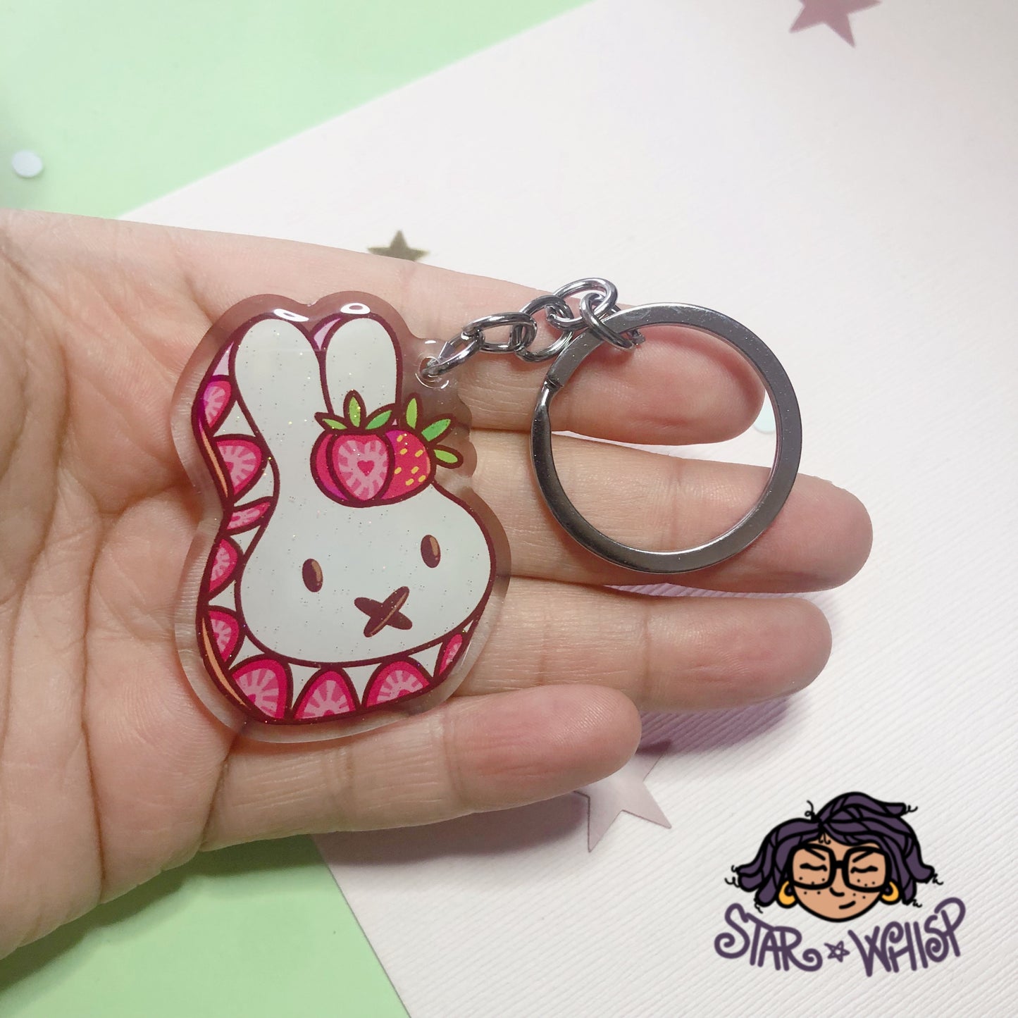 Strawberry Bunny Glitter Keychain