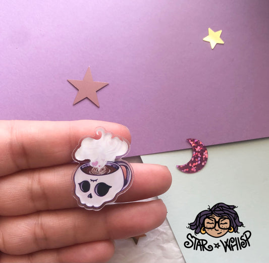 Skull Latte Acrylic Pin, Skull Mug Brooch