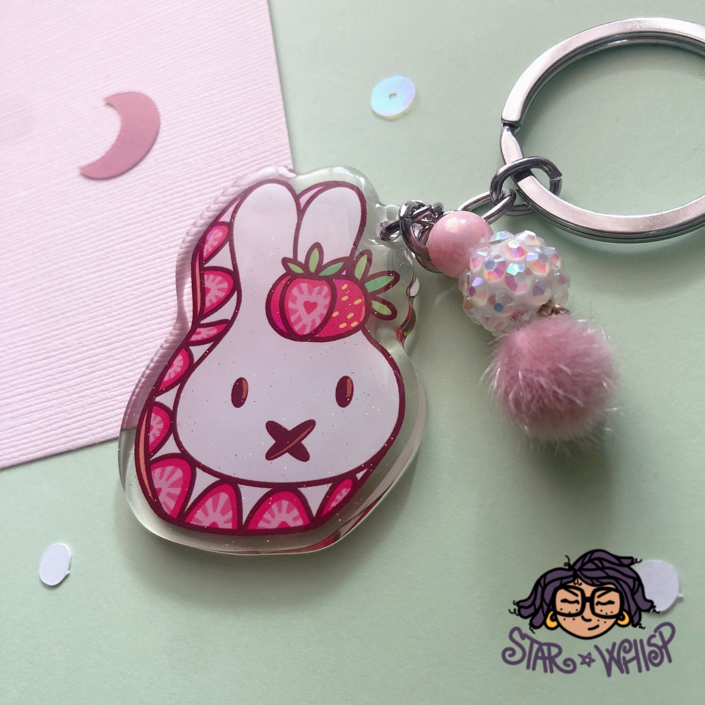 Strawberry Bunny Glitter Keychain